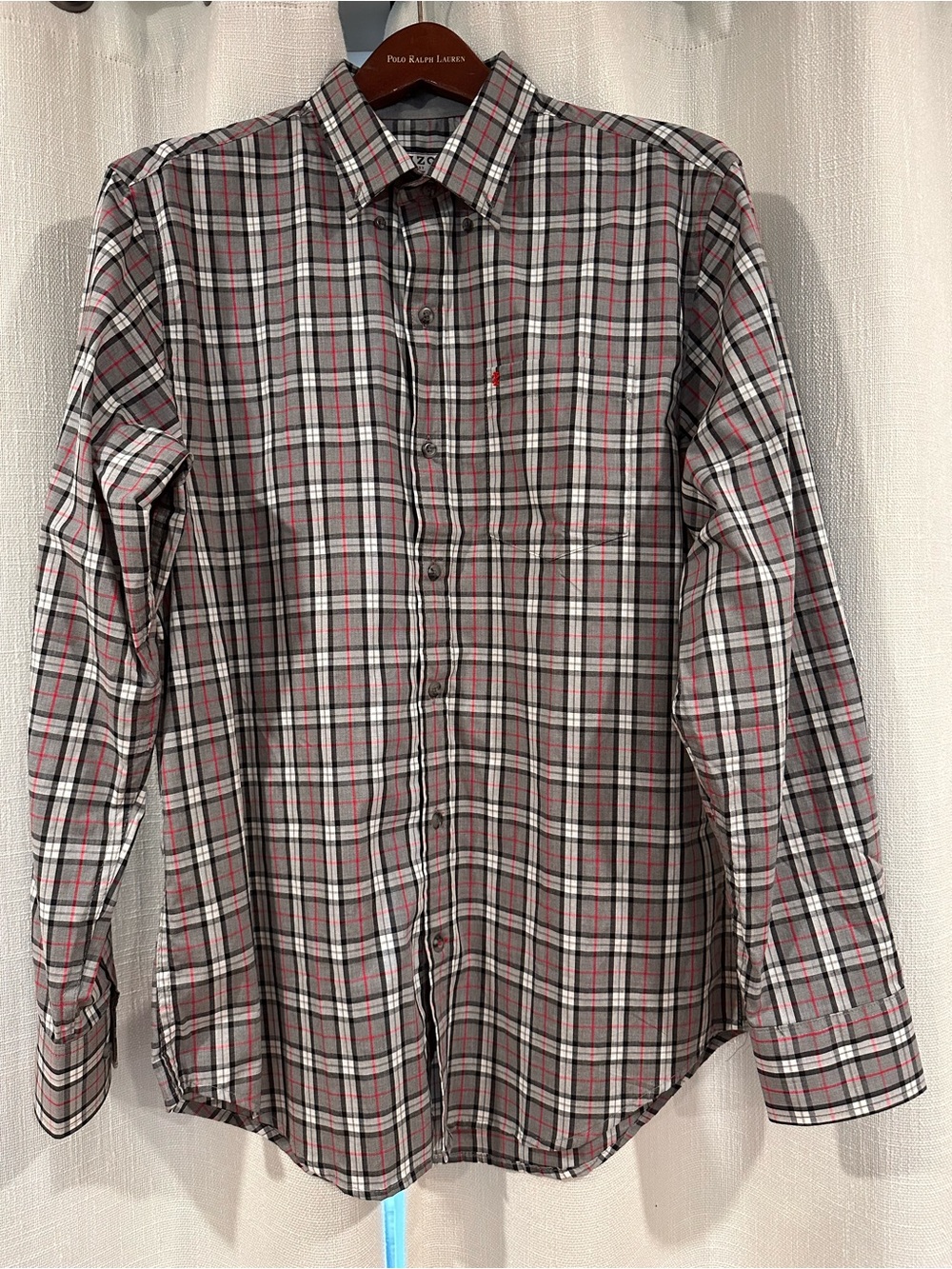 Izod Men’s Gray Plaid Button-Down Shirt with Red & Black Accents